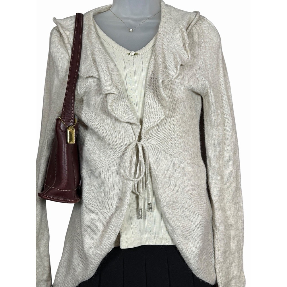 Promod Angora Blend Ruffle Cardigan Sweater Tie Front Beige Neutral Women's S - Picture 2 of 12